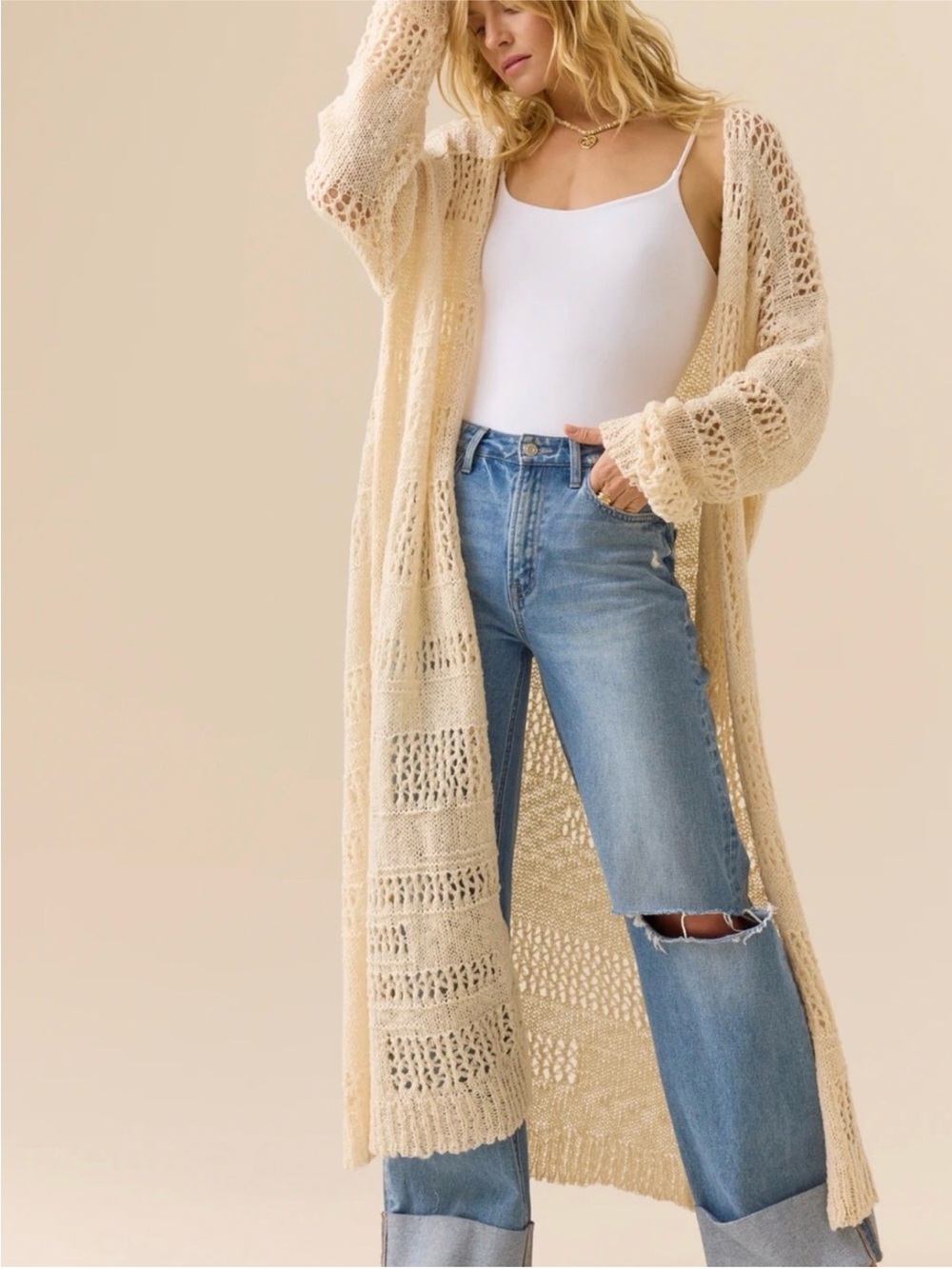 Altar'd State Duster Cream Openwork Long Knit Cardigan